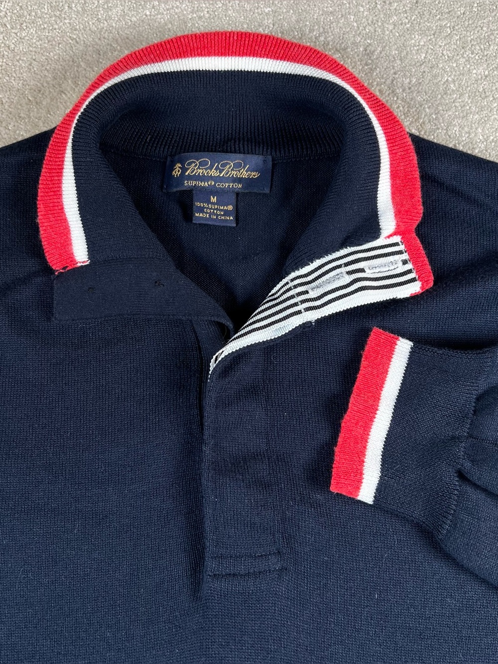 Brooks Brothers Sweater Blue Banded Bottom Collared Button Neck 100% Cotton med